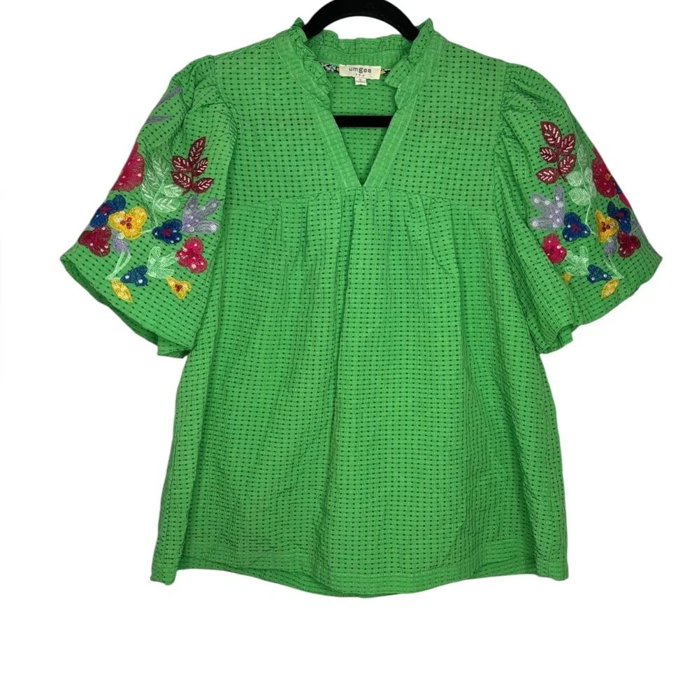 Umgee Seersucker Embroidered Floral Sleeve Green Blouse Size Small - Picture 2 of 11
